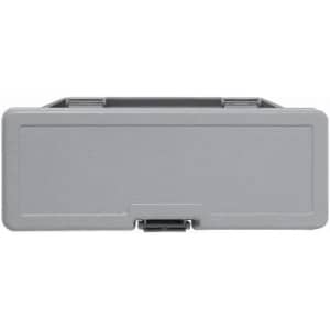 A storage container in grey, featuring a lid and a clasp for secure closure. It has a simple branding logo.
