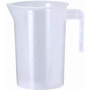 A measuring jug in translucent white plastic with a handle and measurement markings on the side.