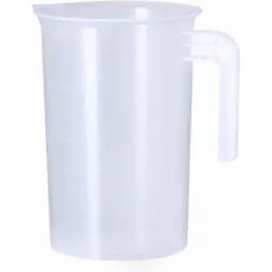 A clear plastic measuring jug with a handle, featuring a spout for easy pouring.