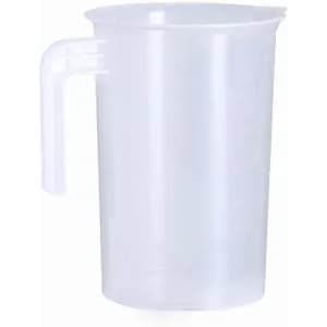 A transparent plastic measuring jug with a handle. The jug has a smooth, rounded shape.