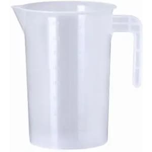 A transparent plastic measuring jug with a handle and measurement markings on the side.