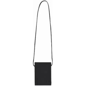 A black crossbody bag with a long strap, featuring a minimalist design and a plain surface.