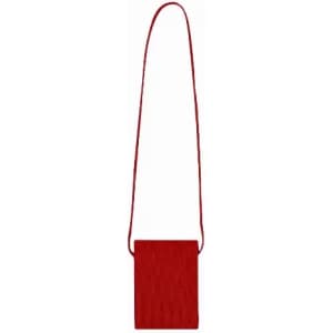 A red crossbody bag with a long strap, featuring a simple rectangular design. It has a logo on the front.