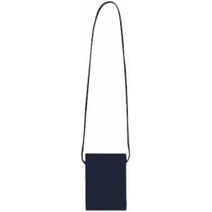A navy blue crossbody bag with a long strap and a simple rectangular shape. It has a logo on the front.