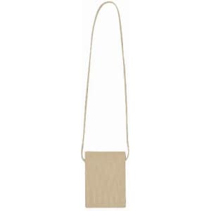 A wooden-themed bag pendant with a long, thin strap. The design is simple and natural in colour.