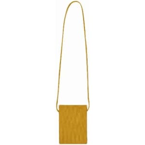 A gold crossbody bag with a long strap and a rectangular shape, featuring minimalistic design elements.