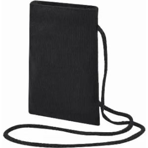 A black corded pouch with a long strap for carrying. It has a textured surface and an attached branding logo.