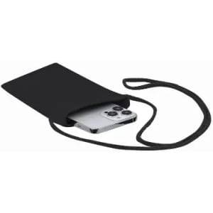 A black phone pouch with a cord and a smartphone partially visible inside. It has a simple design.