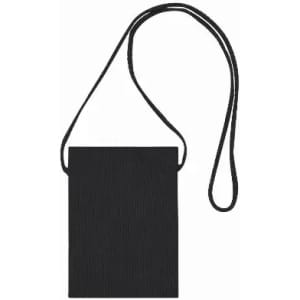 A black crossbody bag with a long strap, featuring a simple rectangular shape and a textured surface.