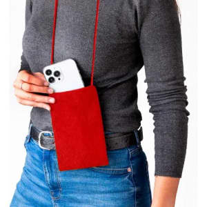 A phone holder in red fabric, worn around the neck, featuring a smartphone inside.
