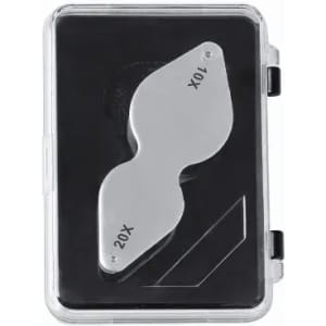 A metallic magnifier with 10X and 20X magnification, housed in a transparent case.