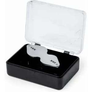 A magnifying lens with 10X and 20X magnification sits inside a clear-top black case.