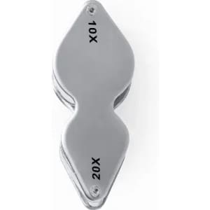 A silver magnifying glass with 10X and 20X markings, featuring a sleek, curved design and a logo.