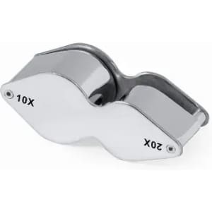 A magnifying lens with a sleek silver finish, featuring two magnification levels: 10X and 20X.