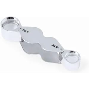 A magnifying glass with two lenses, one labelled 10X and the other 20X, featuring a sleek silver design.