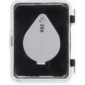 A clear protective case containing a silver, tear-shaped product labelled "20X".