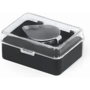 A sleek silver product in a clear plastic case with a black base, featuring a logo on the top.