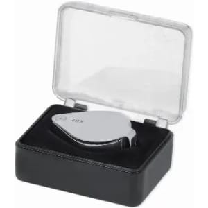A chrome 20X magnifier in a black and transparent case, with soft cushioning inside.