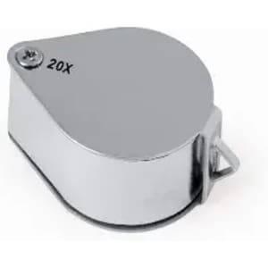 A metallic product with a circular shape and a flat top, featuring a small attachment point and a logo.