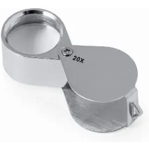 A magnifying glass in silver, featuring a round lens and a flat base, with a small branding logo.