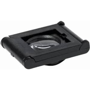 A magnifying glass with a black plastic frame, featuring a circular lens and a flat base for stability.