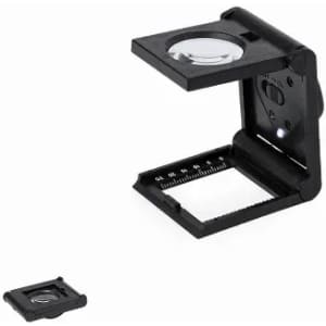 A magnifying glass with a foldable design, featuring an LED light and a ruler for measurement. The colour is primarily black.