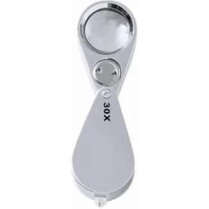 A magnifying glass with a sleek silver design, featuring a round lens and a 30X magnification indicator.