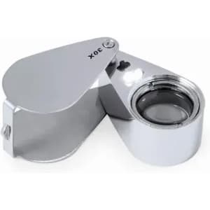 A drink bottle with a sleek chrome finish and a hinged cover, featuring a magnifying lens.