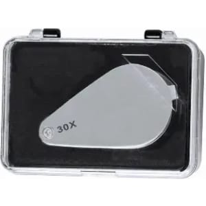 A silver measuring tool in a clear case, featuring a simple design and a marked measurement of 30X.