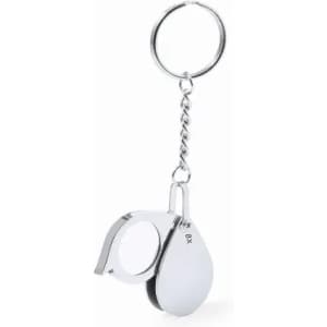 A keyring magnifier in silver with a teardrop shape and a small lens attachment.