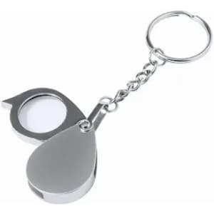 A keychain magnifying glass with a silver metallic finish, featuring a lens and a teardrop design.