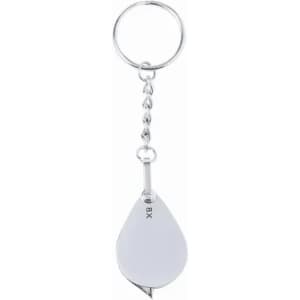 A key ring featuring a silver chain and a white, teardrop-shaped charm.