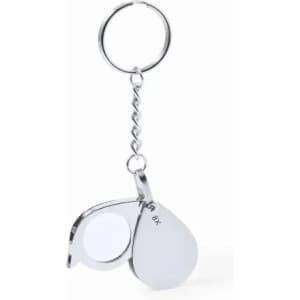 A keychain magnifier with a silver finish featuring a fold-out lens. It includes a circular attachment for keys.