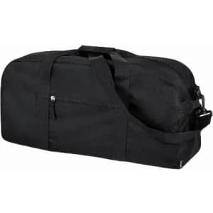 A black duffel bag with a shoulder strap and a front zip pocket. It features a simple, sleek design.