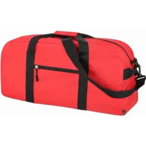 A red duffel bag with black straps and a small zippered pocket on the side. It has a sturdy handle and shoulder strap.