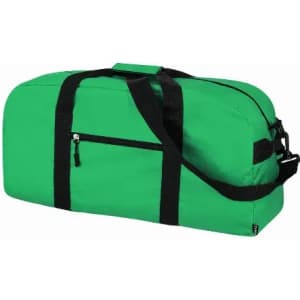 A green duffel bag with black straps and a zippered pocket on the side.