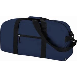 A duffel bag in navy blue with black straps and a side pocket. It features a zip closure and a shoulder strap.