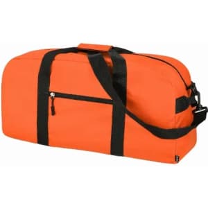An orange duffel bag with black straps and a side zippered pocket.