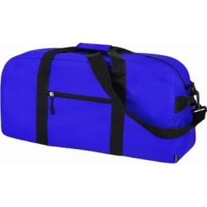 A blue duffel bag with black straps and a zippered pocket on the side. It features a sturdy handle for easy carry.