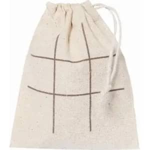 A drawstring bag made of natural fabric, featuring a simple grid pattern in brown on a cream background.