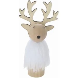 A decorative figure resembling a deer with wooden antlers, featuring a white fluffy body. It has a simplistic design.