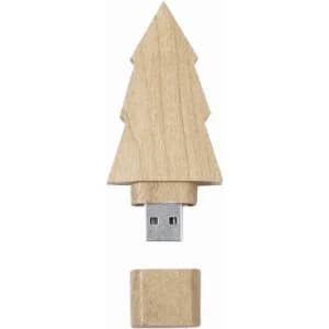 A wooden USB drive shaped like a Christmas tree, featuring a removable cap. Light wood colour with a natural finish.