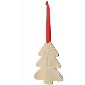 A wooden Christmas tree ornament with a red hanging ribbon. It features a simple, natural finish.