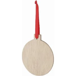 A circular wooden tag with a red ribbon for hanging. The surface has a natural wood finish.