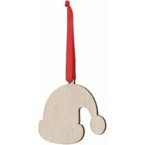 A wooden ornament shaped like a Christmas hat, featuring a red ribbon for hanging.
