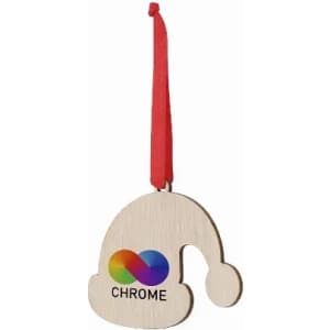 A wooden Christmas hat ornament featuring a multicoloured logo and a red hanging ribbon.