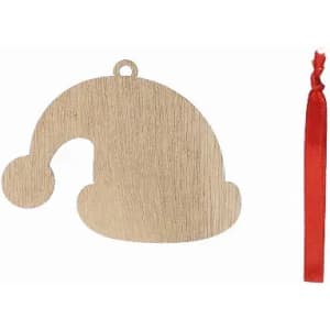 A wooden Christmas hat decoration with a red ribbon for hanging. The item features a simple, unpainted design.