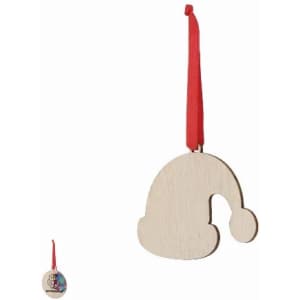 A wooden Christmas hat ornament with a red hanging ribbon. The ornament is unpainted and has a playful shape.