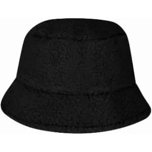 A black bucket hat with a textured finish and a wide brim. It features a simple, seamless design.