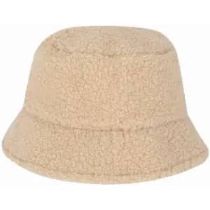 A beige bucket hat made of soft, textured material, featuring a simple design without visible logos.